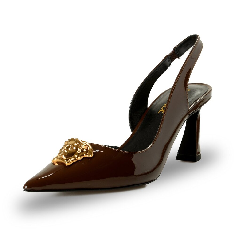 Versace Women's Chocolate Patent Leather Gold Medusa Pump Shoes US 7 IT 37
